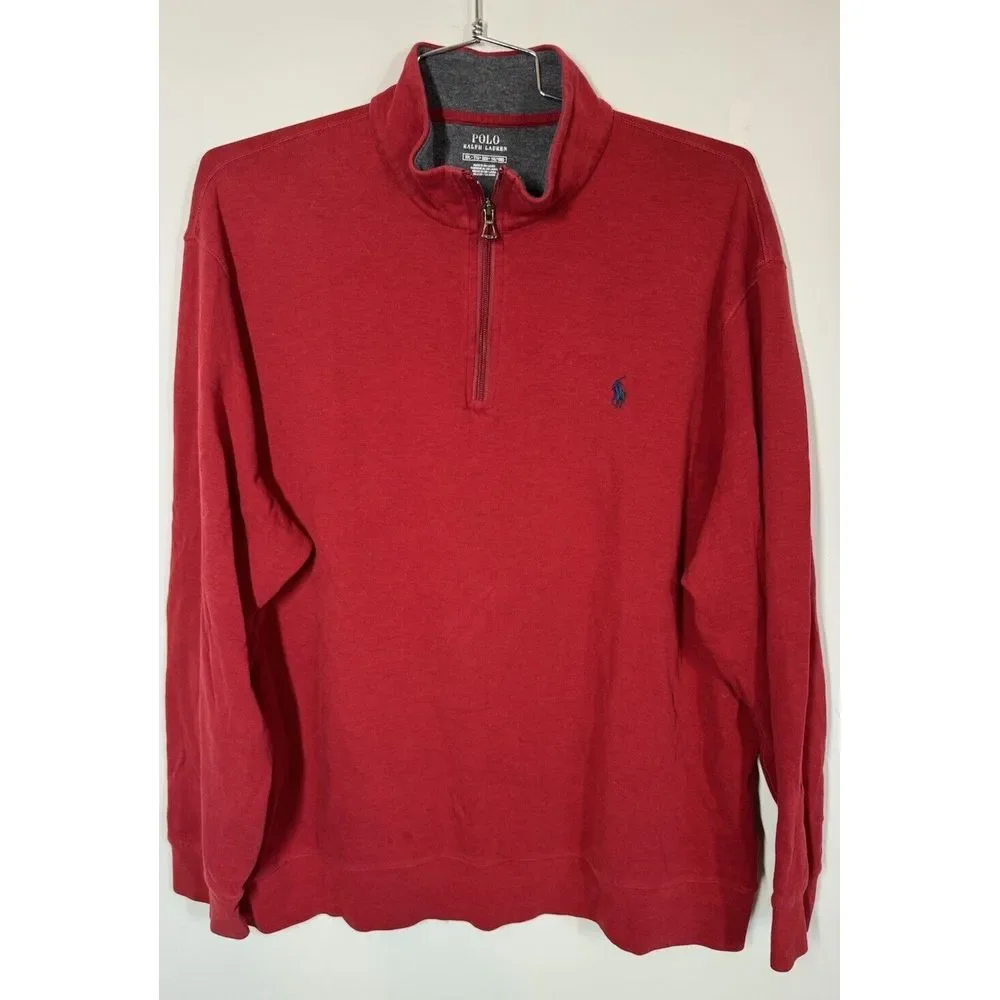 Polo Ralph Lauren Men's Red 1/4 Zip Pullover Sweater 100% Cotton Size XXL Lounge - Picture 2 of 9